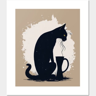 Black cat with coffee Posters and Art